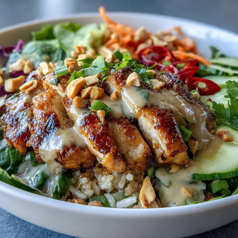 Colorful shredded carrot, red bell pepper, and purple cabbage add crunch to a hearty Peanut Chicken Power Bowl beside creamy peanut sauce.