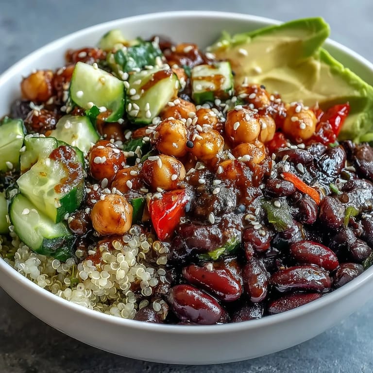 Overhead shot of a nutritious Three-Bean Power Bowl with a zesty lemon dressing and toasted pumpkin seeds.