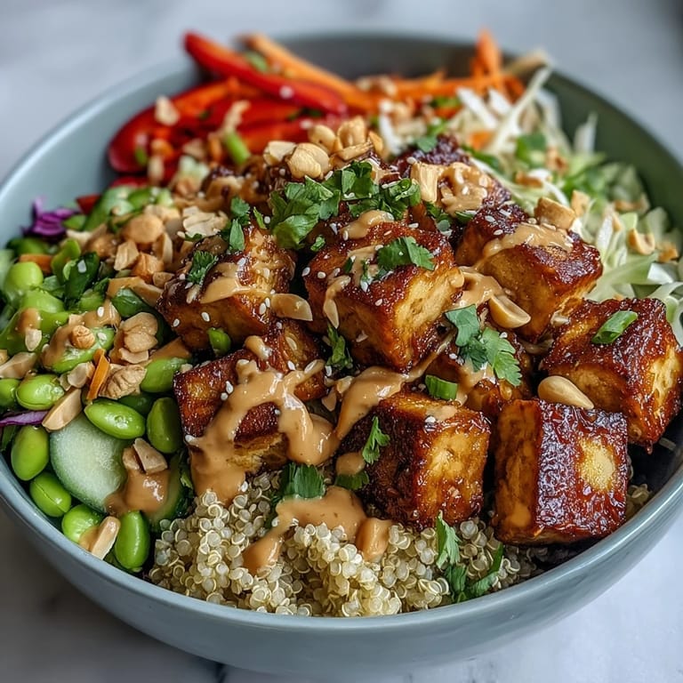 Colorful peanut tofu power bowl with edamame, red cabbage, and carrots garnished with sesame seeds.
