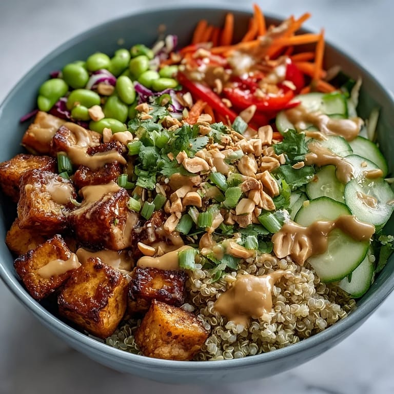 Close-up of a crisp tofu bowl with peanut sauce drizzle, fresh scallions, and chopped peanuts.