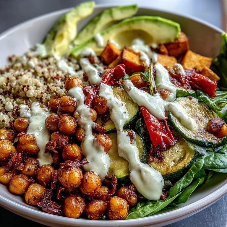 A vibrant Roasted Chickpea Power Bowl with creamy avocado slices and drizzled tahini dressing.