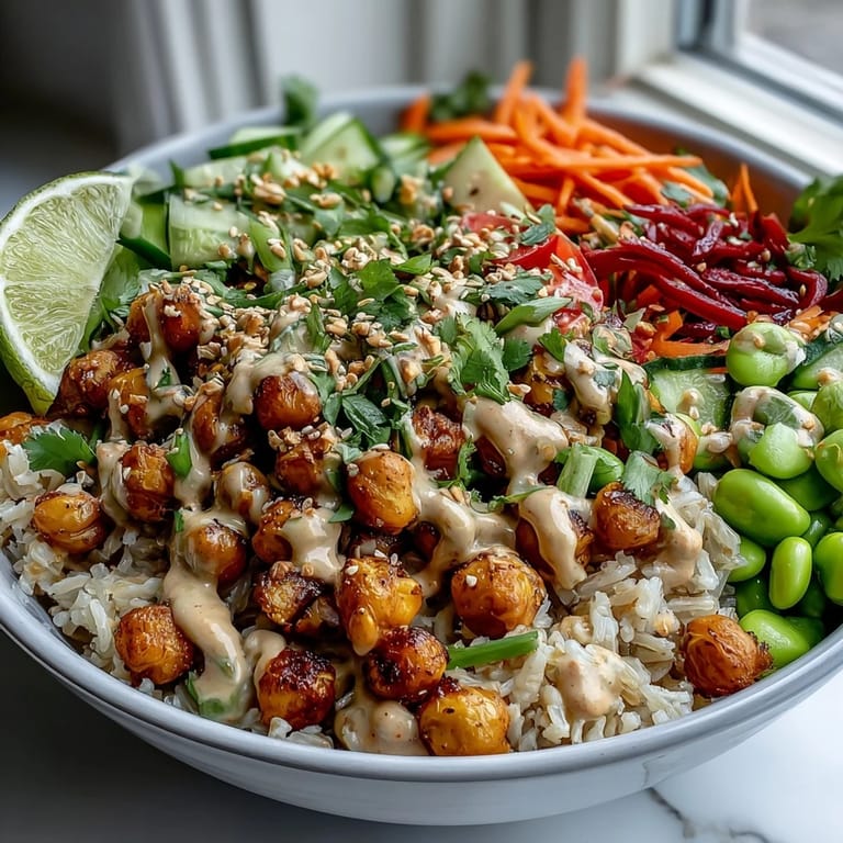 A close-up of a Peanut Chickpea Protein Bowl with a creamy peanut sauce drizzled over crunchy vegetables and chopped roasted peanuts for texture.