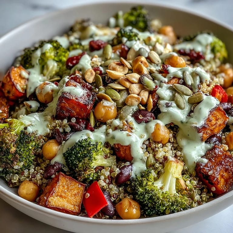 Overhead view of a hearty Meal Prep Week-Long Power Bowl with colorful roasted peppers, chickpeas, and pumpkin seeds beside a small dressing ramekin.
