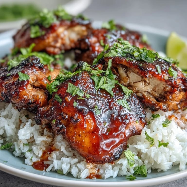 Tender Spicy Maple Chicken with a reddish glaze sits atop creamy coconut rice, with fresh herbs and lime for brightness.