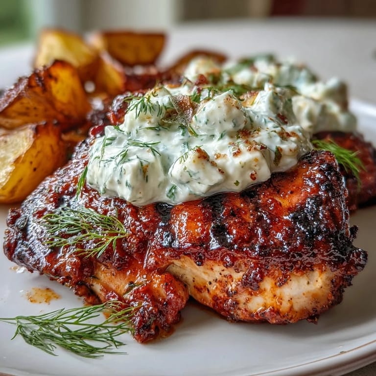 Close-up of Spicy Yogurt Marinated Chicken with Dill Feta Cream, showing tender meat and tangy sauce beside crispy potatoes on a wooden board.