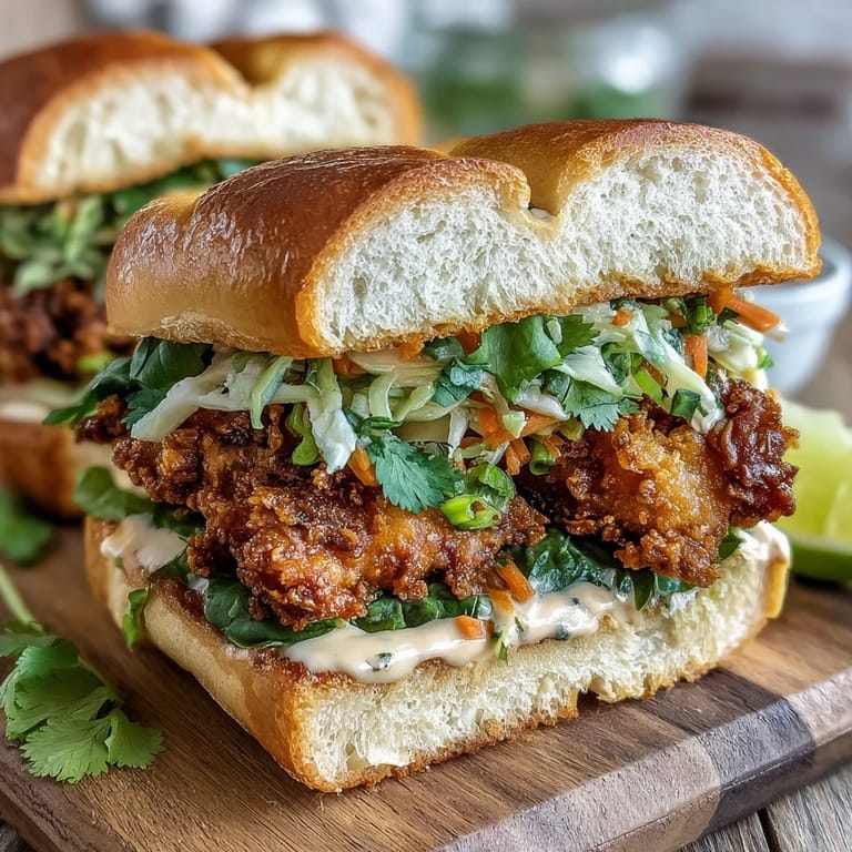 Close-up of a Thai Fried Chicken Sandwich showing crispy chicken, sriracha mayo, and crunchy veggies. 