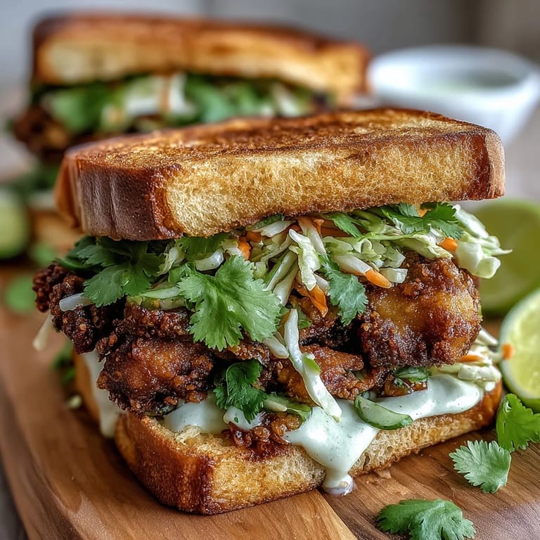 Thai Fried Chicken Sandwich stacked high with shredded cabbage and served alongside sweet potato fries.