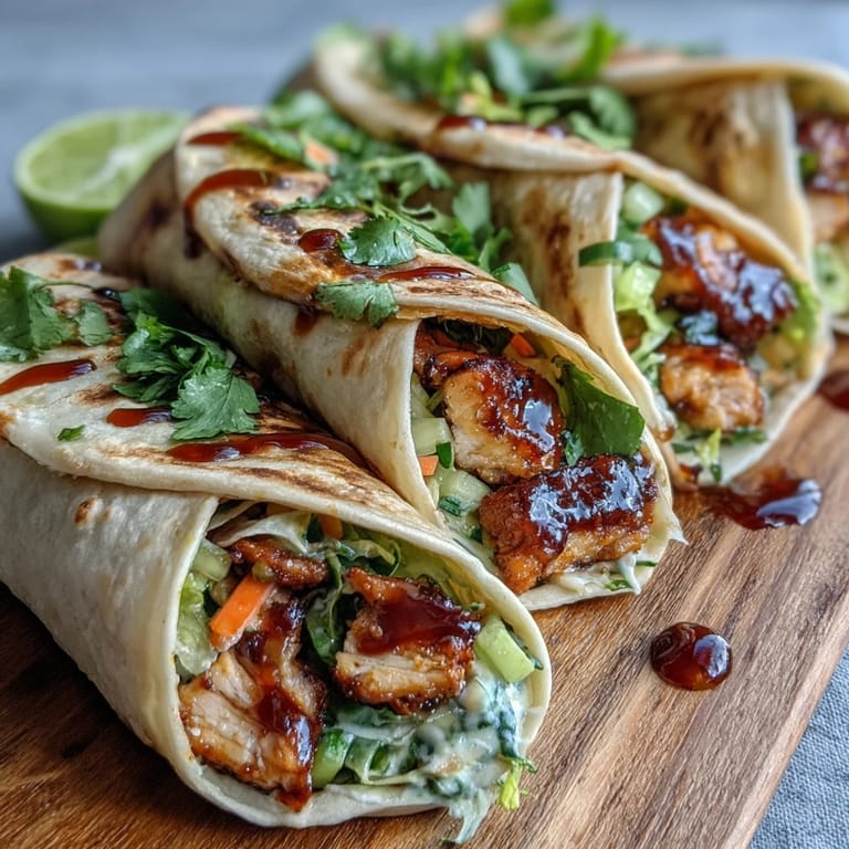 Freshly assembled Sweet Chili Chicken Wraps with vibrant vegetables, drizzled with sweet chili sauce and lime.