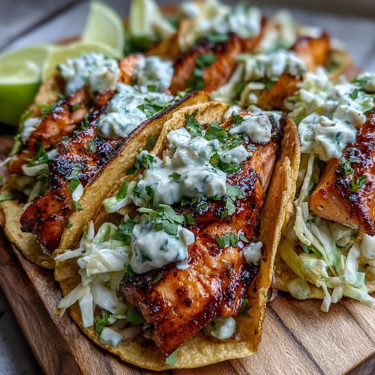 Flaky Air Fryer Salmon Tacos With Slaw piled high with crunchy cabbage slaw, drizzled with yogurt-lime sauce and jalapeño slices.