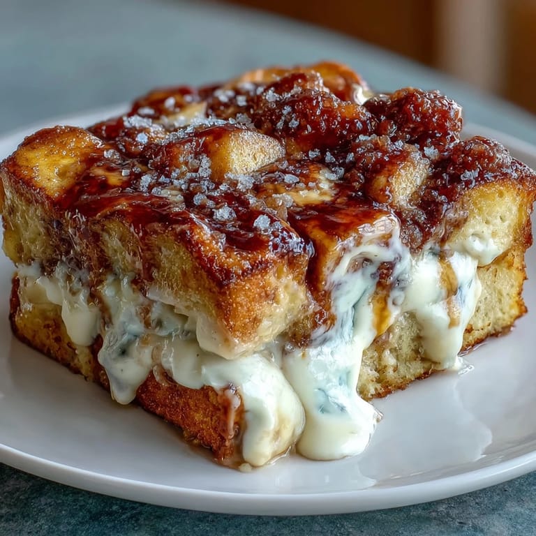 A warm casserole slice of Cream Cheese Swirl Cinnamon Roll French Toast Bake reveals a rich, swirled cream cheese layer.