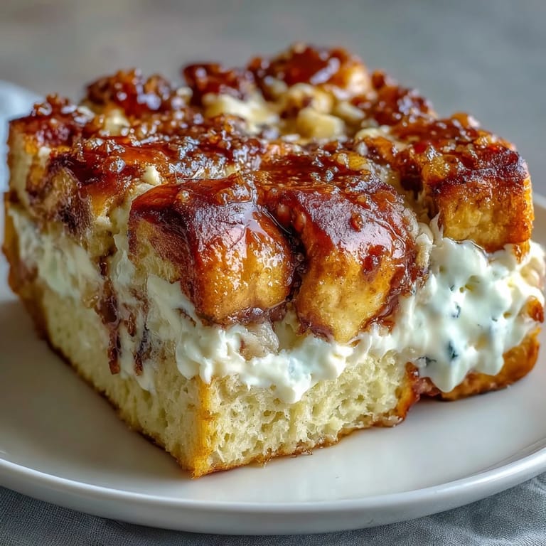 Freshly baked Cream Cheese Swirl Cinnamon Roll French Toast Bake with a caramelized brown sugar topping on a rustic plate.