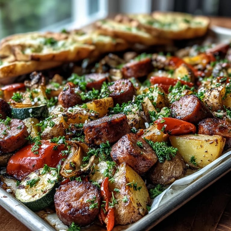 Savory Smoky Sheet Pan Sausage & Veggies with Naan plated alongside warm, buttery garlic naan, perfect for dipping into the hearty weeknight dinner.