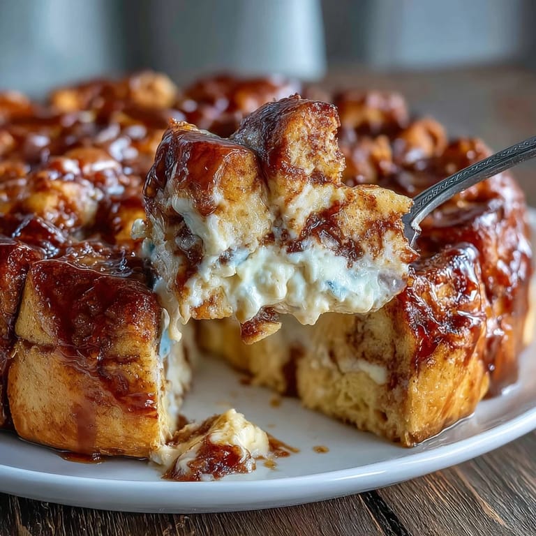Decadent Cream Cheese Swirl Cinnamon Roll French Toast Bake casserole with brioche cubes and banana aroma, ready for a brunch buffet.
