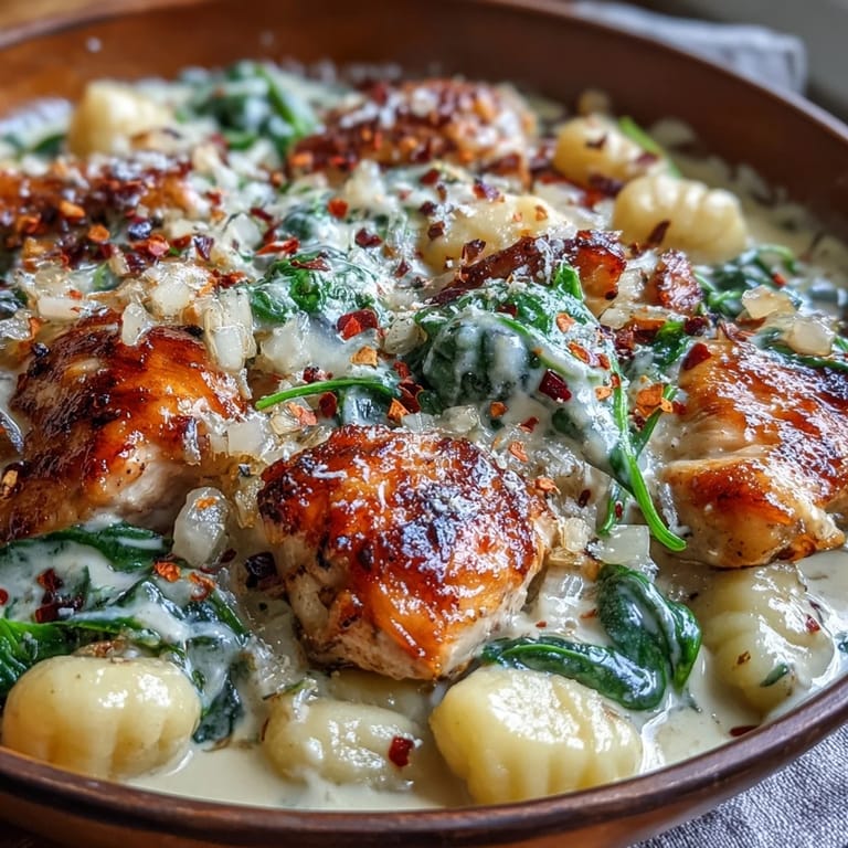 Serving suggestion for One-Pan Creamy Garlic Chicken Gnocchi, a comforting Italian-American dinner ready to be enjoyed with extra Parmesan.