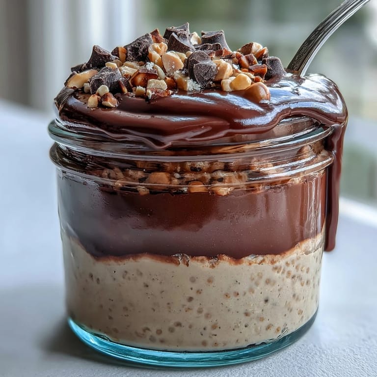 A close-up of Peanut Butter Cup Overnight Oats showing thick, swirled layers of oats and rich chocolate ganache, finished with mini chocolate chips for an extra treat.