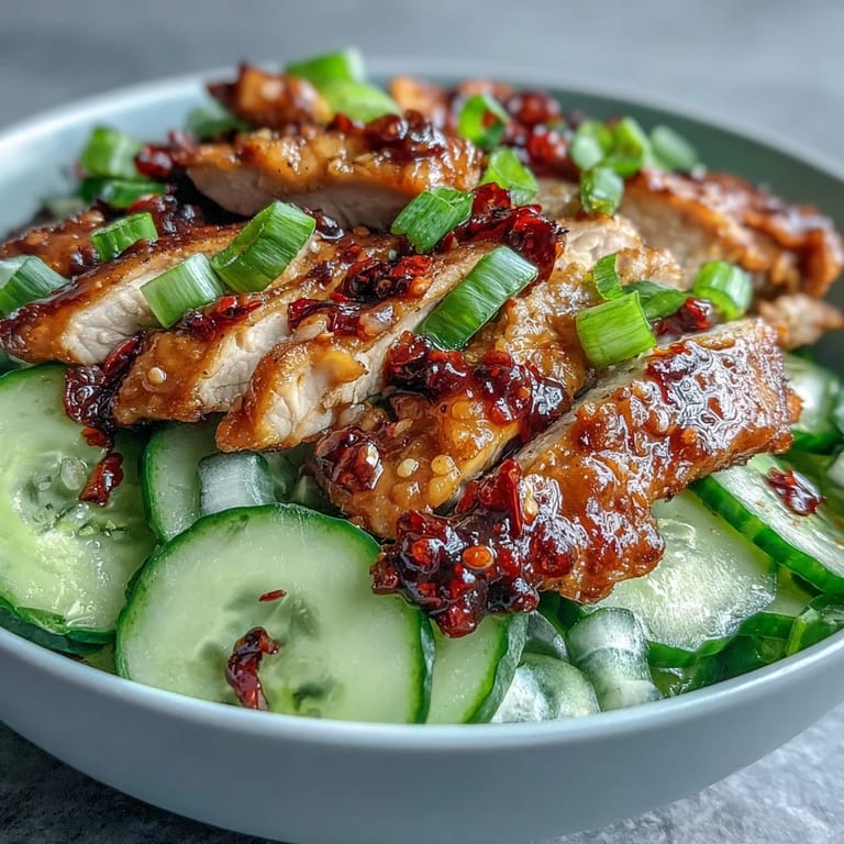 Overhead view of TikTok Chili-Crisp Cucumber Chicken Bowl showing vibrant salad, golden chicken, chili crisp drizzle, cilantro, and steaming rice.
