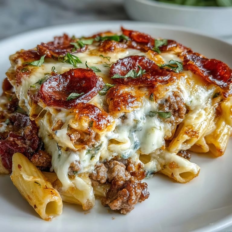 Sliced High-Protein Pizza Pasta Bake served on a white plate with a fresh green salad.