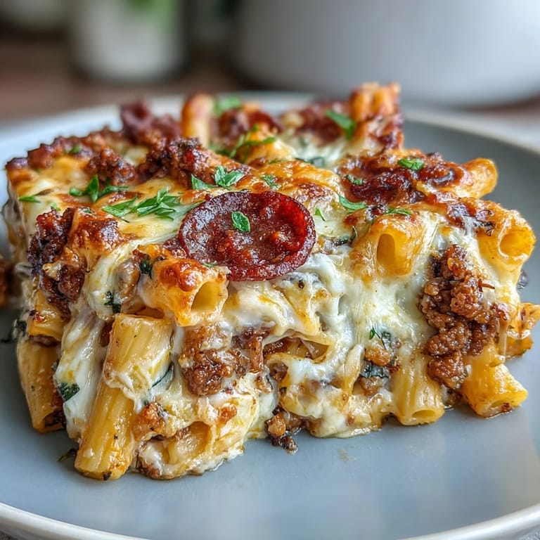 A serving of High-Protein Pizza Pasta Bake with melty mozzarella, pepperoni, and fresh basil garnish.