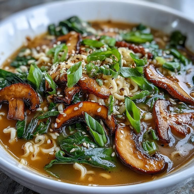 Steaming Vegan Coconut Curry Ramen with Bok Choy and Mushrooms, garnished with lime wedges and sesame seeds.