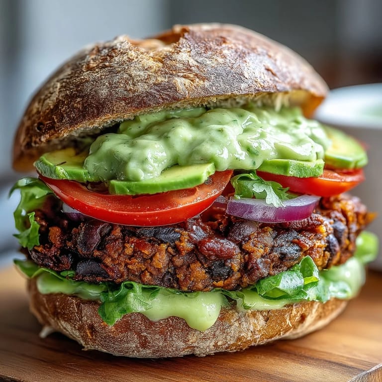 Avocado lime sauce drizzled over a hearty vegan sweet potato black bean burger patty.