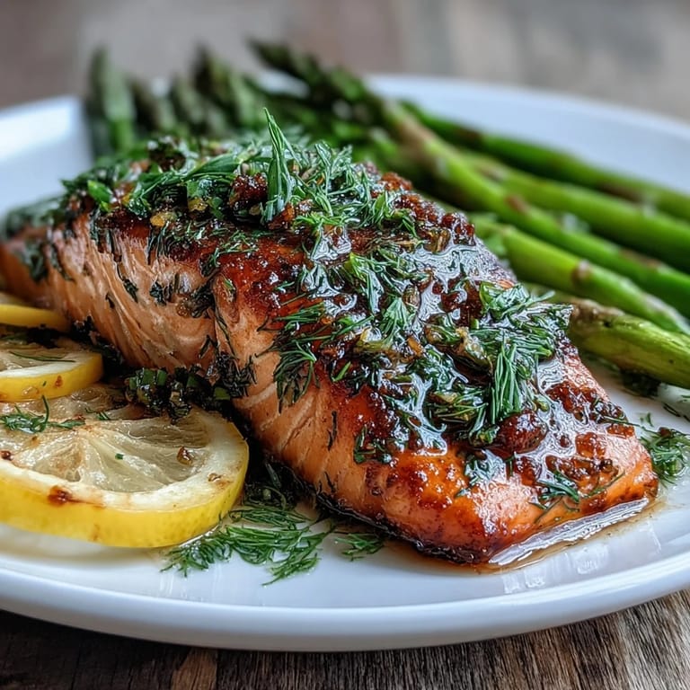 Tender Marry Me Salmon fillet served with roasted asparagus and lemon wedges for a romantic dinner.