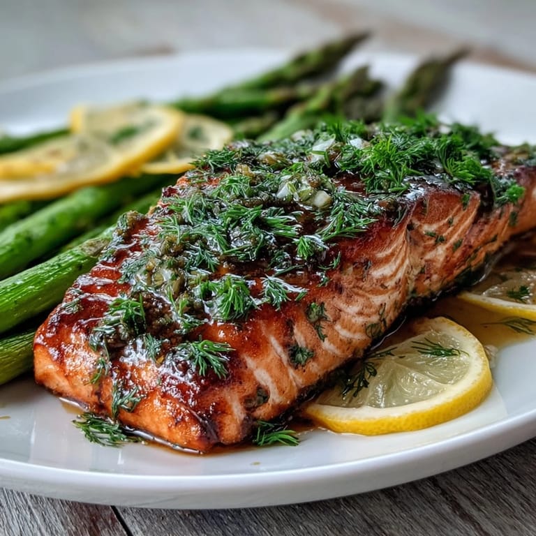Flaky Marry Me Salmon topped with garlic, zesty lemon, and fresh dill on a baking sheet.