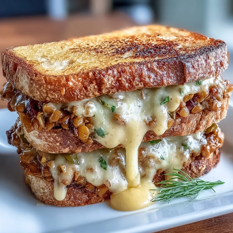 Savory lentil sloppy joe mix topped with creamy vegan cheese sauce on golden sourdough toast.  