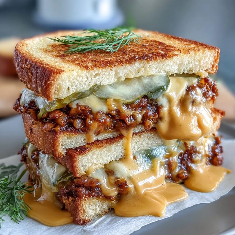 Hearty lentil sloppy joe filling served on crisp sourdough with tangy pickles and vegan cheese.