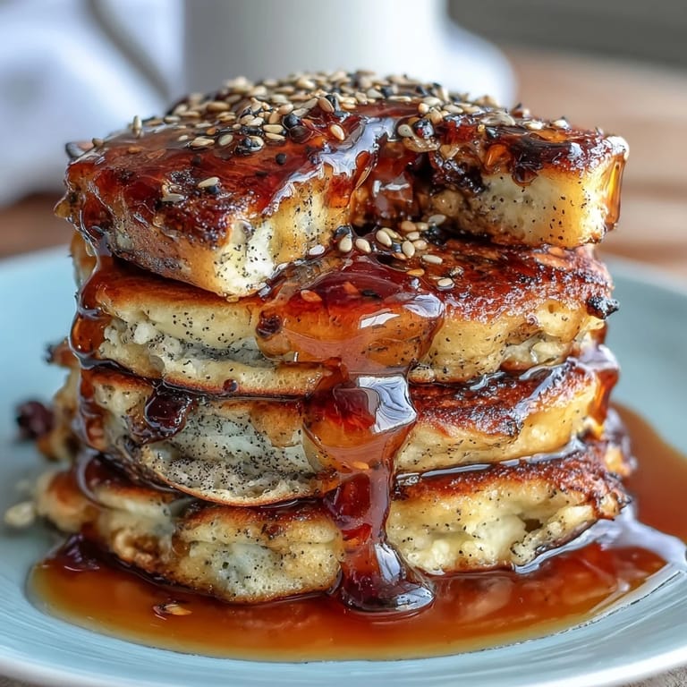 Fluffy black sesame pancakes with a nutty aroma, topped with golden syrup and toasted seeds for a flavorful breakfast treat.  