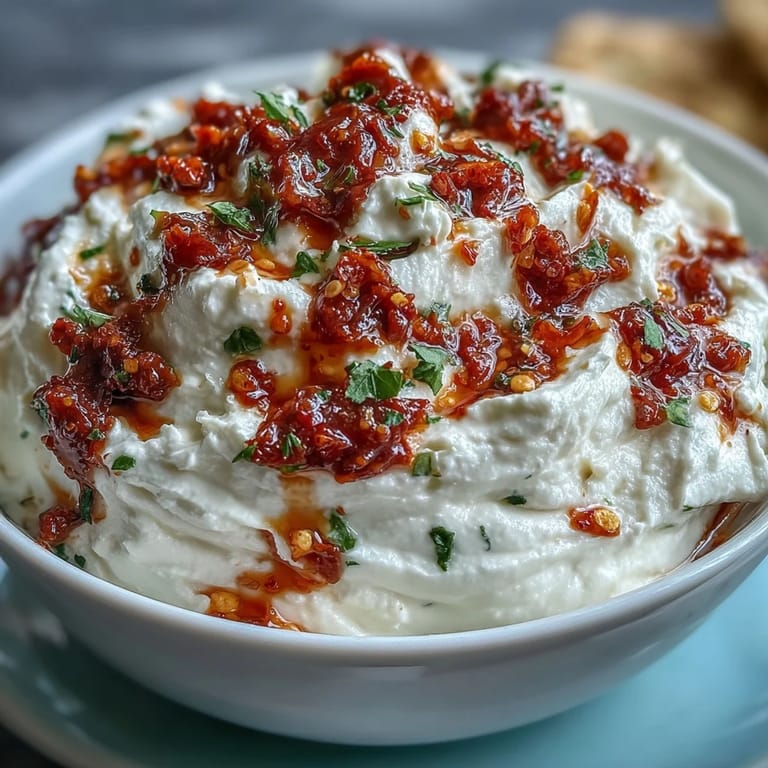 Spicy Calabrian chili cream cheese spread with rich, creamy texture and vibrant red chili flecks.