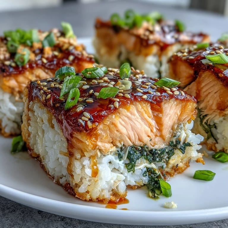 Deconstructed sushi bake with flaky salmon, creamy filling, and seaweed sheets for easy hand-held servings.