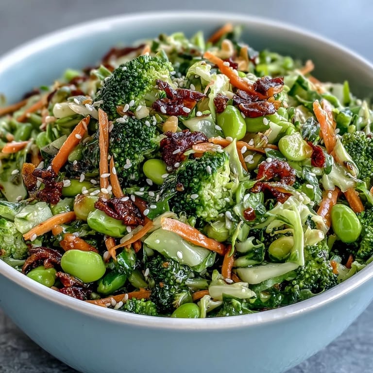 Colorful broccoli crunch salad loaded with cabbage, carrots, and a tangy sesame-ginger dressing for extra flavor.  