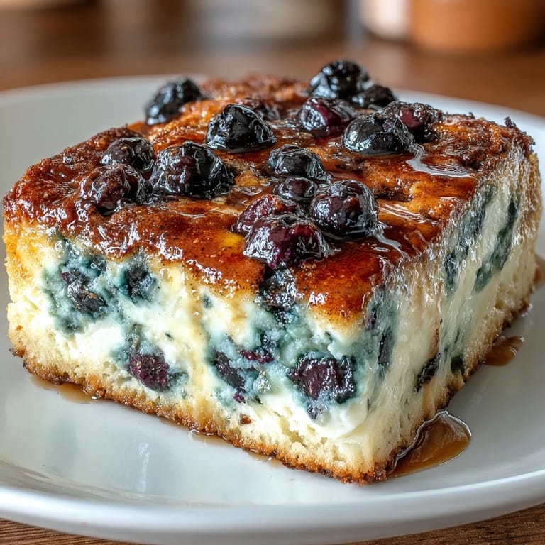 Creamy high-protein blueberry cottage cheese casserole baked until set, featuring a custardy texture and fresh berry bursts in every slice.