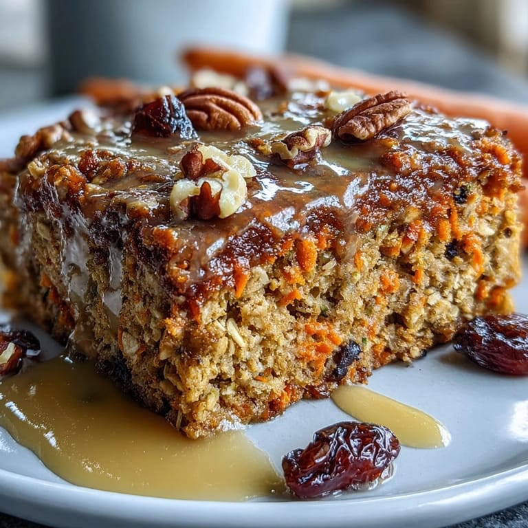Moist and flavorful carrot cake-inspired baked oatmeal squares, packed with warm spices, shredded carrots, and crunchy pecans, perfect for breakfast.