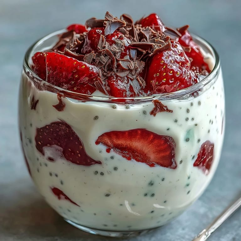 Creamy Greek yogurt chia pudding topped with juicy strawberries and rich dark chocolate shavings, served in a clear dessert glass.  