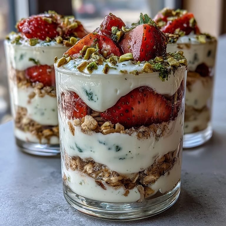 Wholesome pistachio and strawberry parfait featuring tangy Greek yogurt, juicy strawberries, and nutty pistachios—perfect for a healthy morning treat.