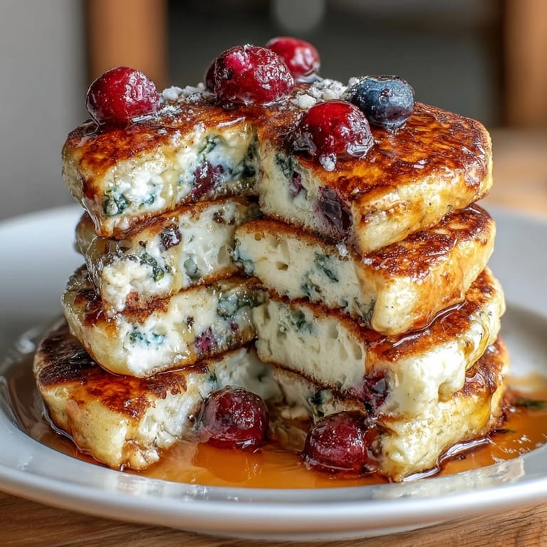 Golden-brown cottage cheese pancakes topped with juicy mixed berries, perfect for a high-protein breakfast.