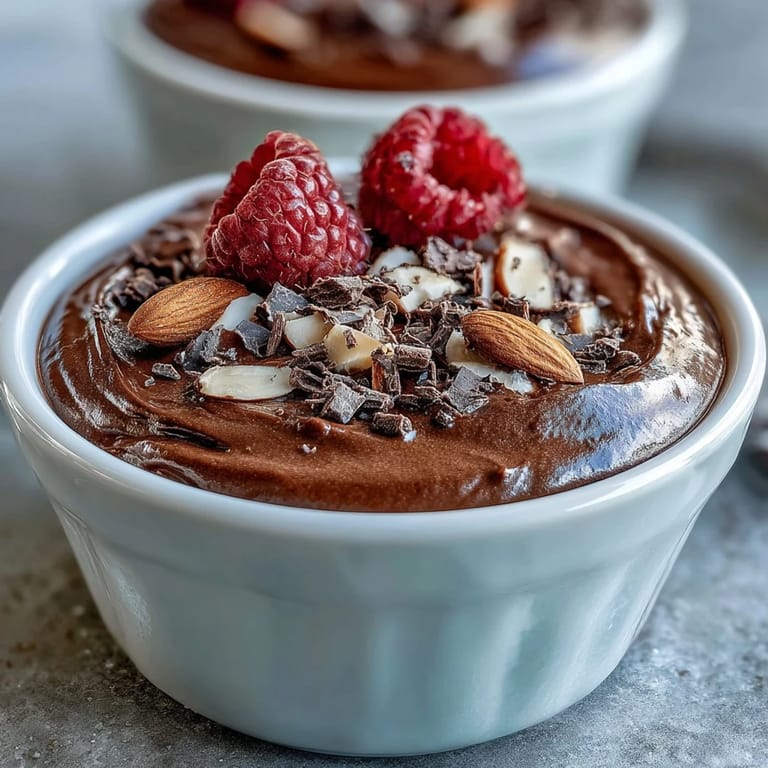 Velvety high-protein chocolate mousse layered in individual cups, offering a healthy dessert with deep cocoa flavor and optional berry topping.
