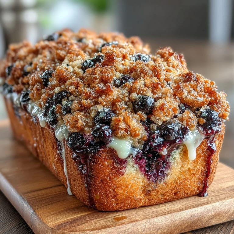 Golden crumble-topped Lemon Blueberry Sourdough Swirl Loaf, bursting with fresh blueberries and tangy lemon zest, perfect for brunch or a sweet morning treat.