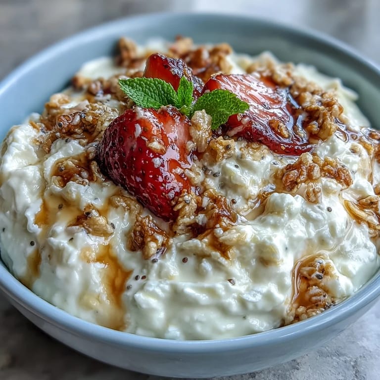 Creamy whipped Greek yogurt layered with juicy strawberries and crunchy granola for a satisfying morning meal.  