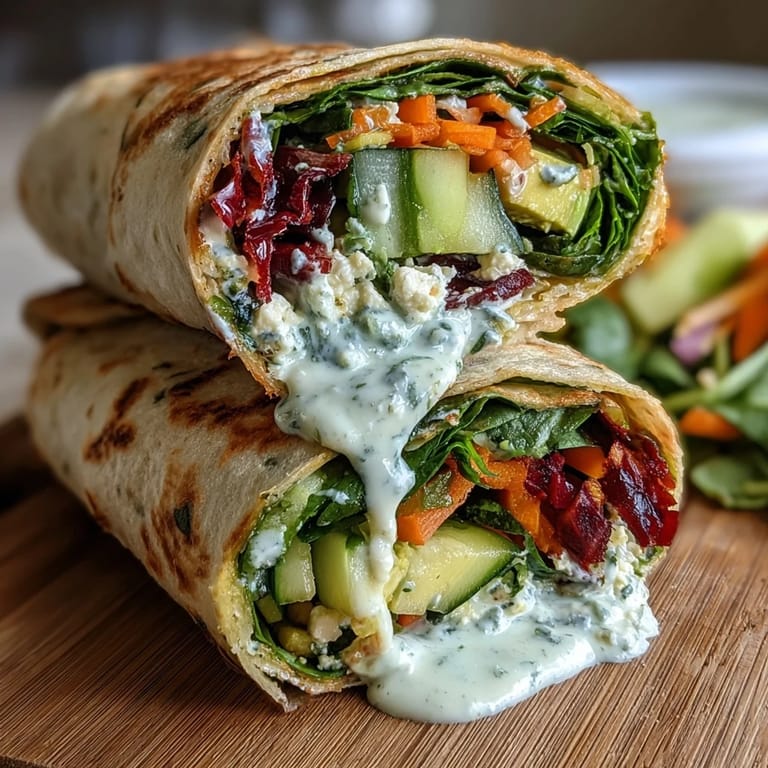Colorful wraps filled with crisp cucumbers, red bell peppers, and zesty lemon aioli, ideal for a light vegetarian lunch.  