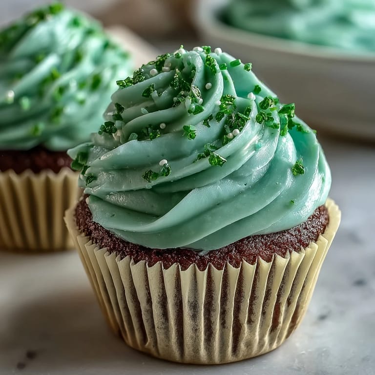 Festive green velvet cupcakes topped with fluffy cream cheese frosting and shamrock candies, offering a delicious twist on classic red velvet for holiday baking.