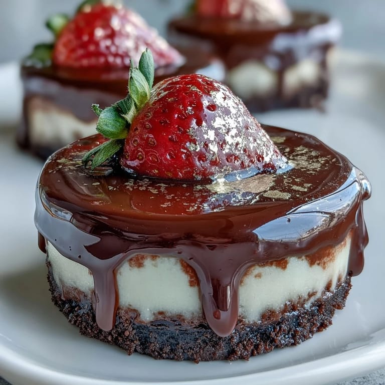 Elegant Dubai-inspired dessert cups with rich chocolate crust, velvety cheesecake, and ruby red strawberry crown.