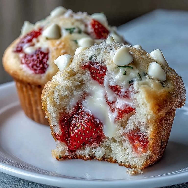 Tender muffins filled with juicy strawberries and creamy white chocolate chips, baked to golden perfection.
