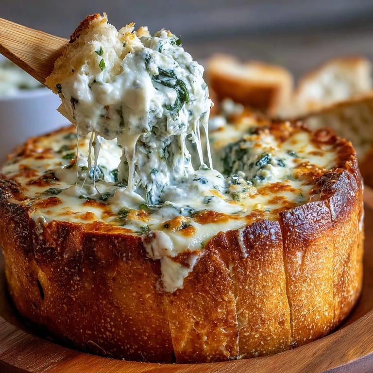 Festive St. Patrick's Day spinach artichoke dip baked in a crusty sourdough bread bowl, perfect for sharing