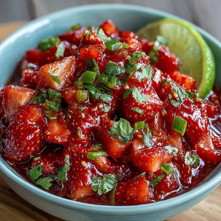 Vibrant strawberry salsa with jalapeño and lime zest, topped with red onion, perfect for tacos or as a party dip.