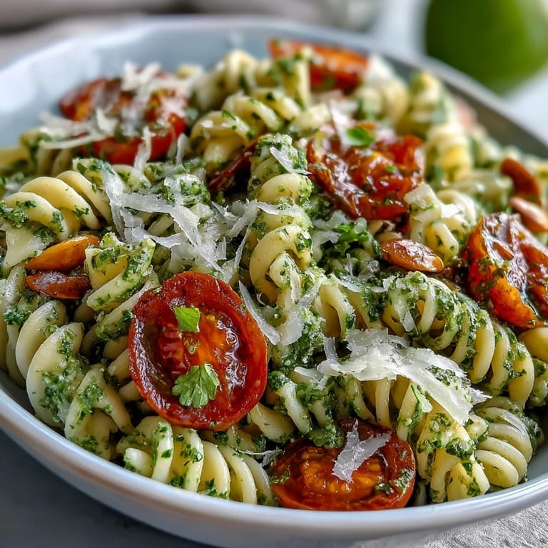 Refreshing summer pasta salad with basil pesto, cherry tomatoes, and arugula, served chilled for a bright, flavorful dish.