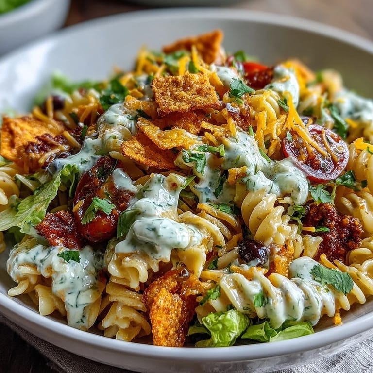 Hearty taco pasta salad with Doritos and avocado ranch dressing, perfect for potlucks or quick lunches.