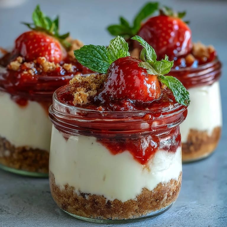 Individual no-bake cheesecake jars filled with velvety cream cheese and vibrant strawberry topping, perfect for spring gatherings.  