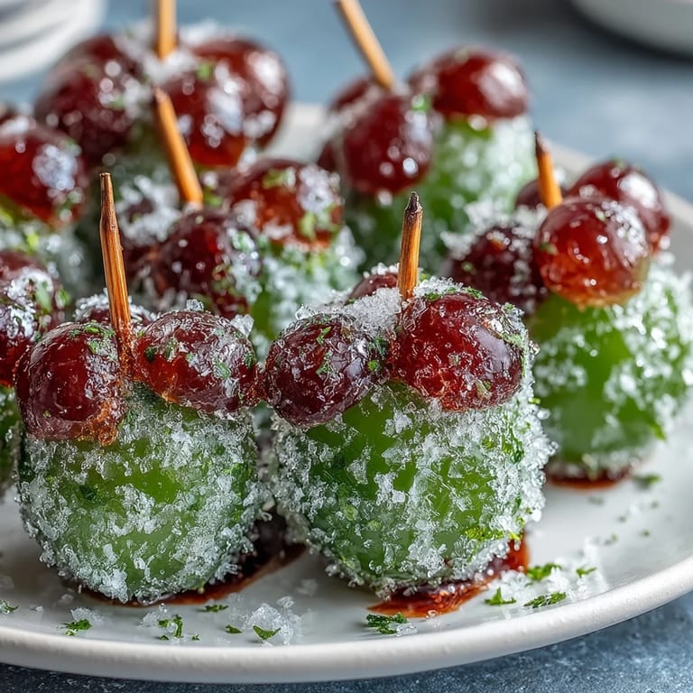 Juicy frozen grapes rolled in fragrant lime sugar, creating a refreshing, bite-sized snack ideal for parties or cooling off in the heat.